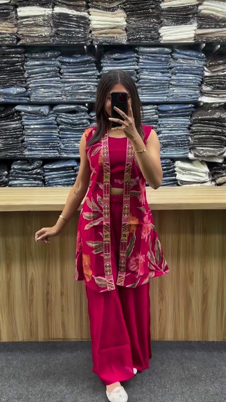 Hot Pink Printed Indo-Fusion Co-Ord Set with Jacket Layer - Image 2